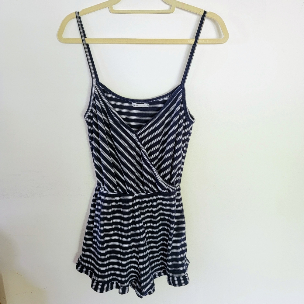 Bershka Women's Navy and White Striped Romper with Spaghetti straps S